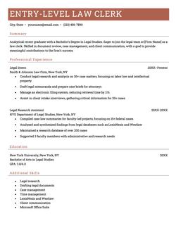 Example of an entry level law clerk resume