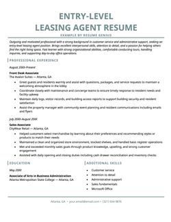 Entry level leasing agent resume example and template
