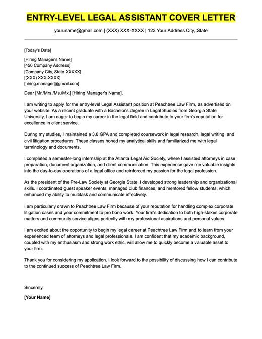 An example cover letter for an entry-level legal assistant.
