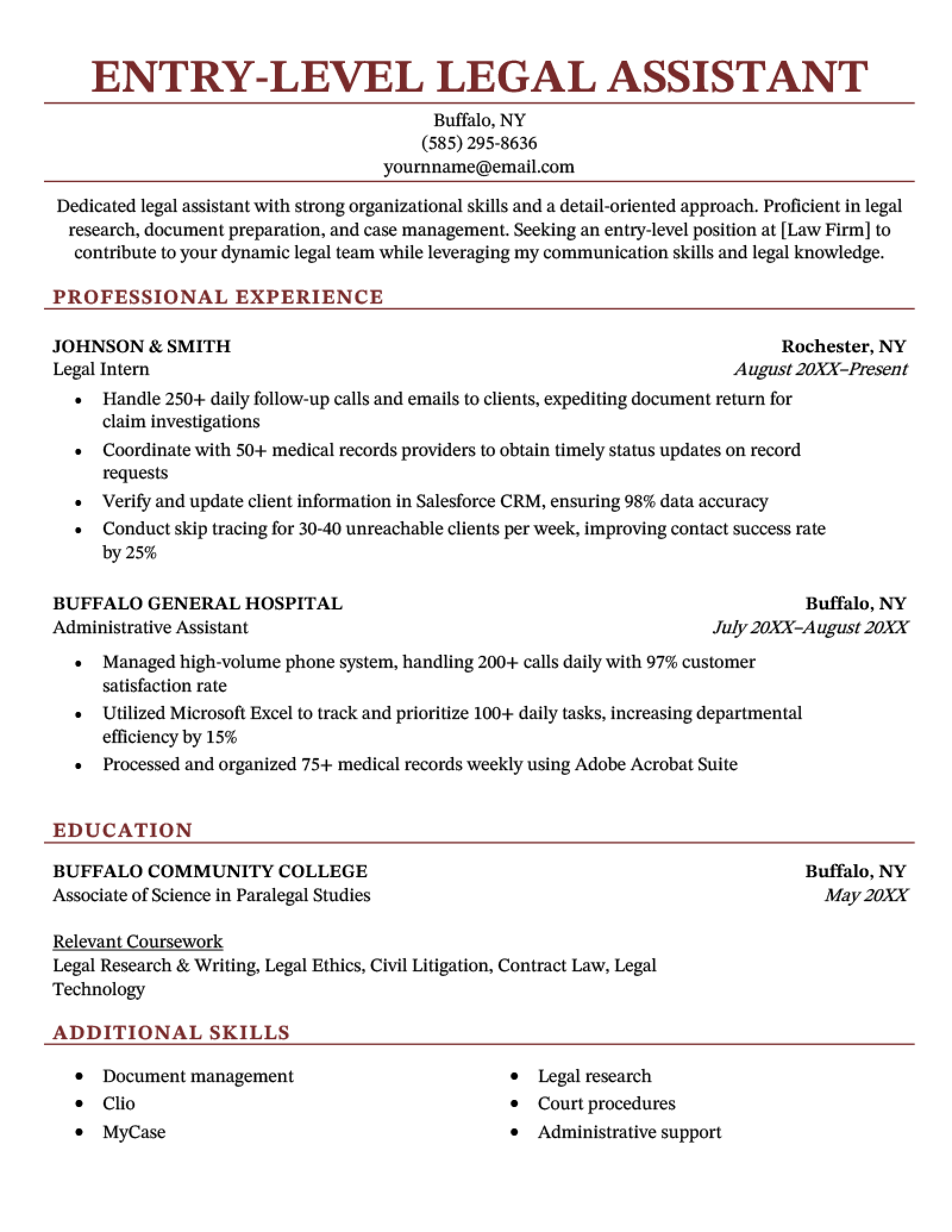 An entry-level legal assistant resume using a template with red headers.