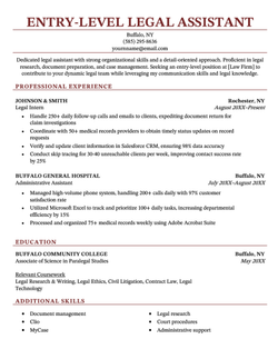 An entry-level legal assistant resume using a template with red headers.
