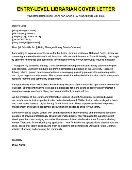 An example cover letter for an entry-level librarian position.