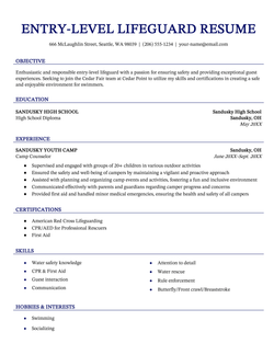 An entry-level lifeguard resume example.