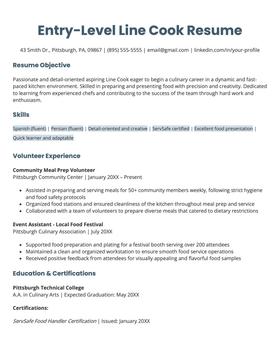 Entry level line cook resume example and template