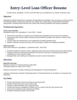 Entry level loan officer resume example and template
