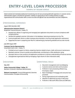 Entry level loan processor resume example and template