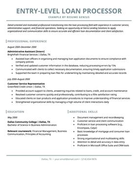 Entry level loan processor resume example and template