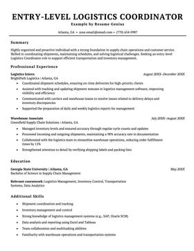 Example of an entry level logistics coordinator resume