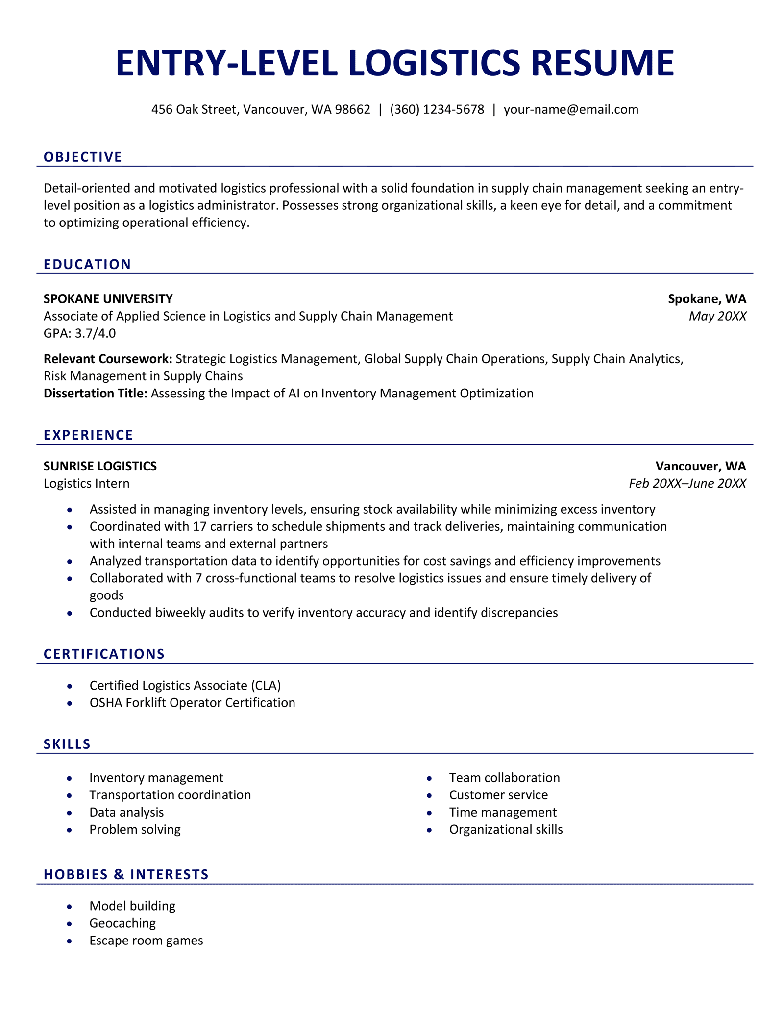 An entry-level logistics resume with a prominent education section.