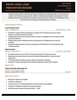An example loss prevention resume for an entry level position