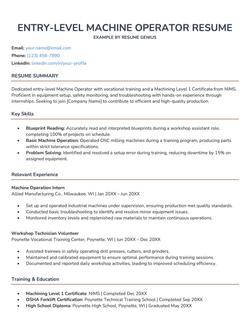 An example machine operator resume for an applicant with no experience.