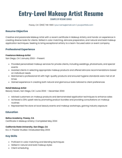 An example successful resume for an entry-level makeup artist job.