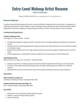 An example successful resume for an entry-level makeup artist job.