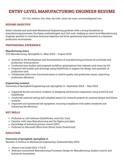 An example manufacturing engineer resume for entry-level job