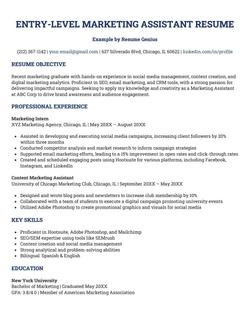 An example entry-level marketing assistant resume