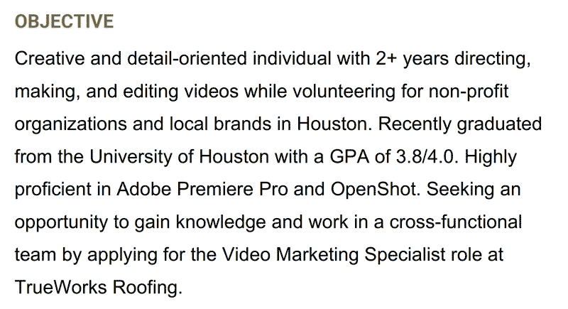 A resume objective example for a entry-level marketing resume describing the applicant's video creation skills