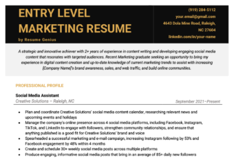 An entry level marketing resume example on a template with a black resume header and yellow fonts to identify each resume section's title
