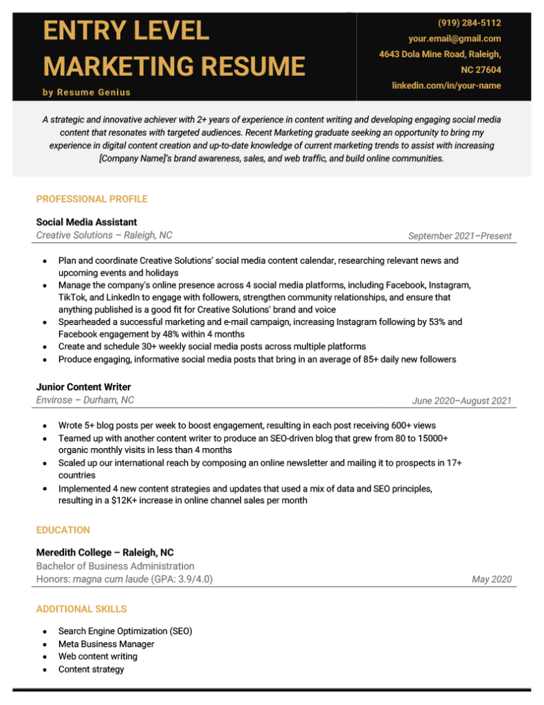 resume for entry level marketing position