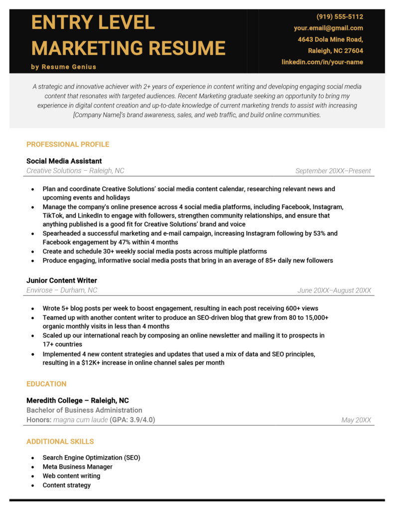 entry level marketing resume examples