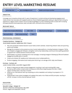 An entry level marketing resume example on a template with a black resume header and yellow fonts to identify each resume section's title