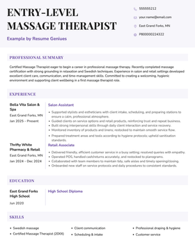 An example massage therapist resume for an entry-level position