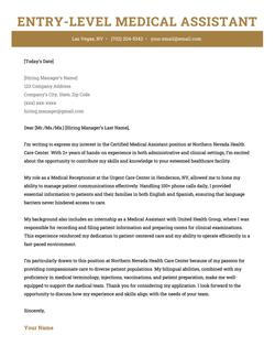An entry-level medical assistant cover letter using a yellow template.
