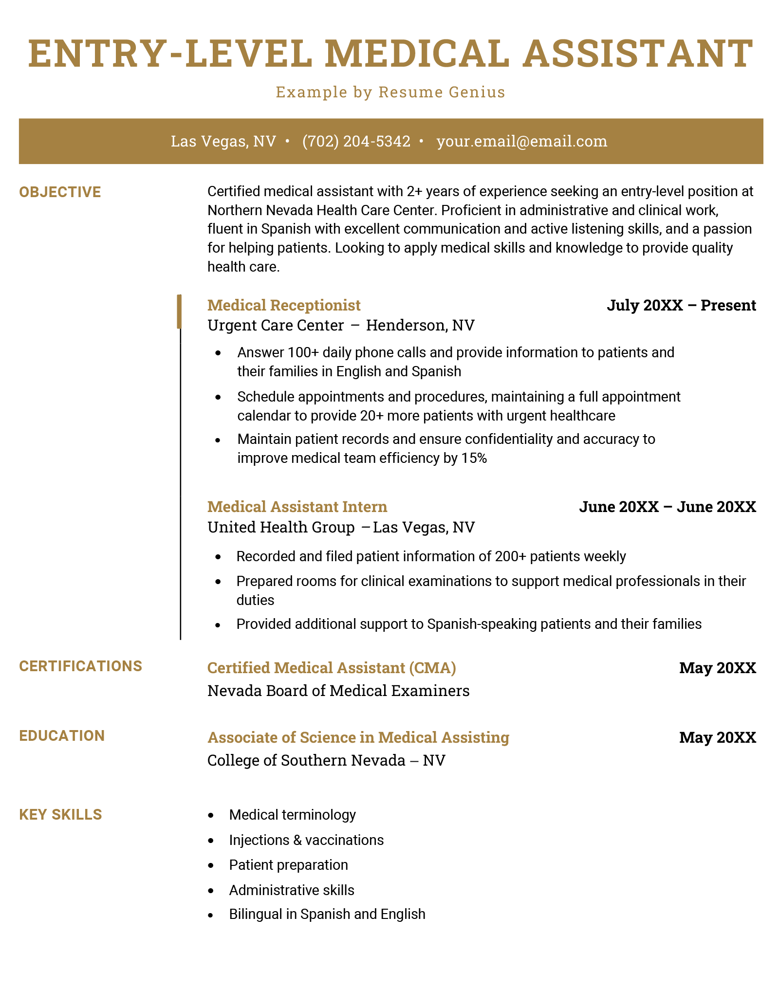 example of an entry level medical assistant resume with a khaki color header