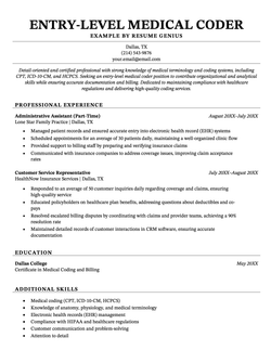 An example medical billing and coding specialist resume for an entry-level coder job.
