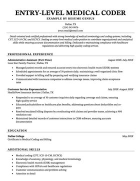 An example medical billing and coding specialist resume for an entry-level coder job.
