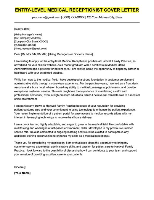 An example cover letter for an entry-level medical receptionist position.