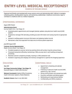 A great example of an entry-level medical receptionist resume.