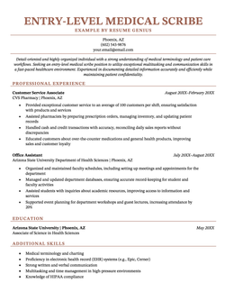 An example medical scribe resume for an entry-level job