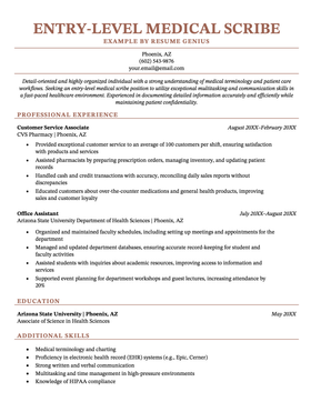 An example medical scribe resume for an entry-level job