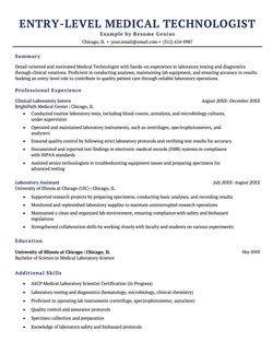 An example medical technologist resume for an entry-level position