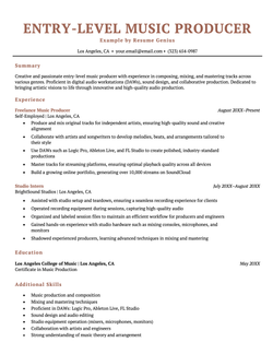 An entry-level music producer resume