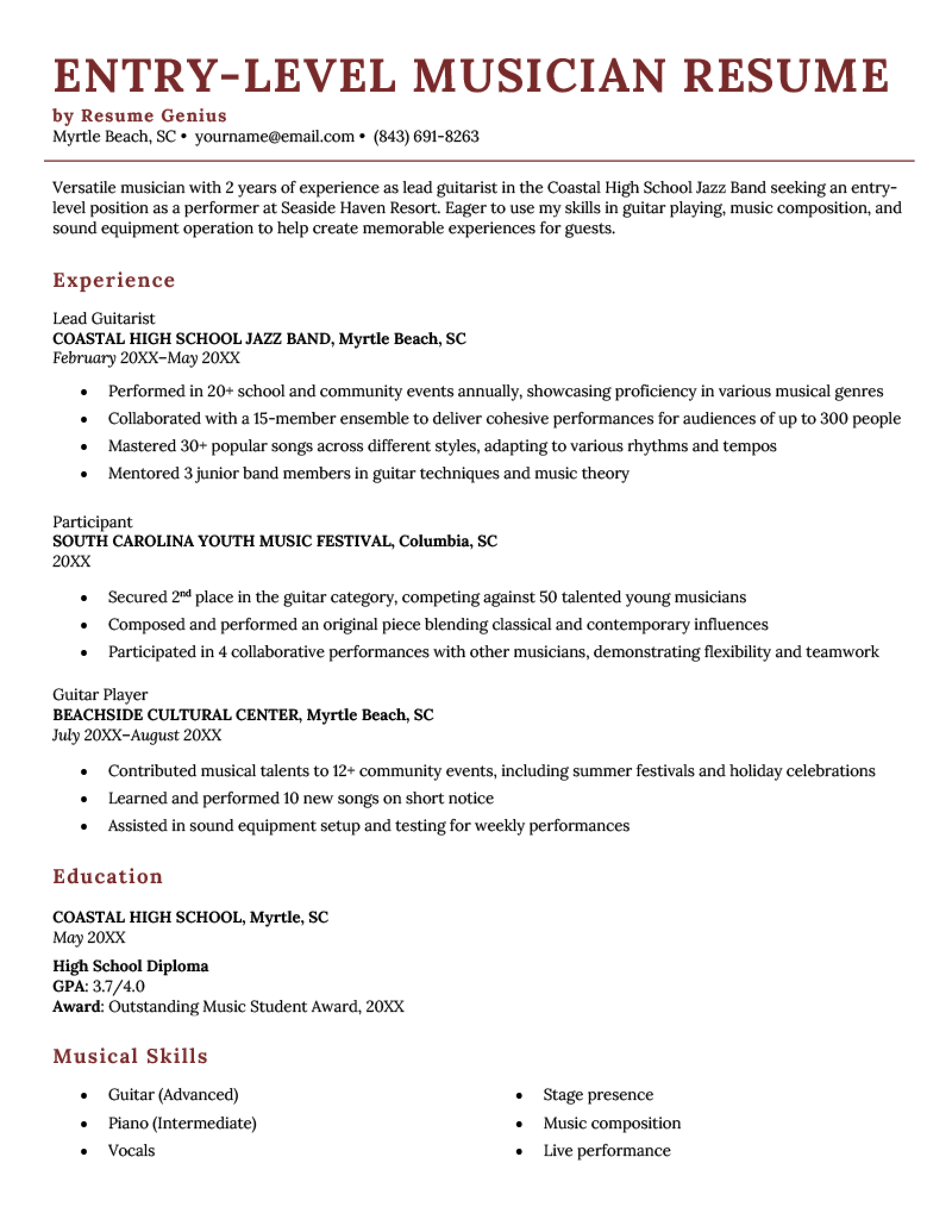 An entry-level musician resume using a template with red headers.