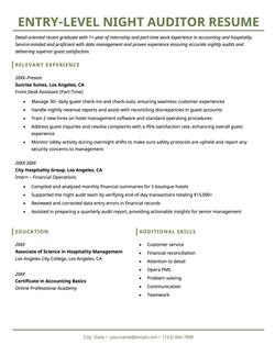 A night auditor resume for an entry-level position