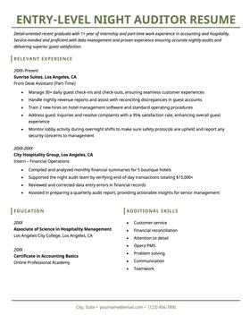 A night auditor resume for an entry-level position