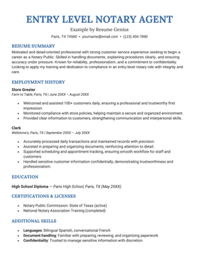 An example notary agent resume