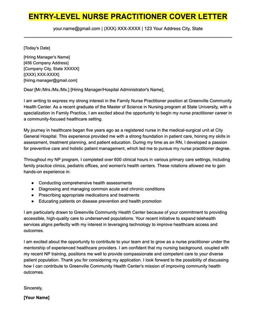 An example cover letter for an entry-level nurse practitioner.
