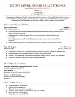 An example resume for an entry-level nurse practitioner.