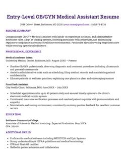 An example OB/GYN medical assistant resume for an entry-level job