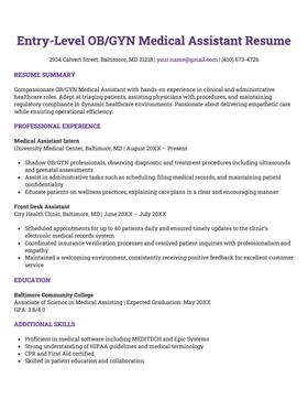 An example OB/GYN medical assistant resume for an entry-level job