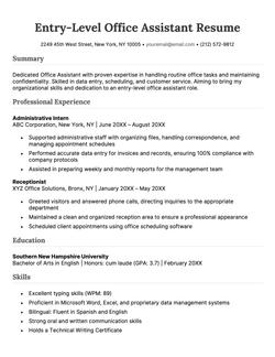 An example resume for an entry-level office assistant.
