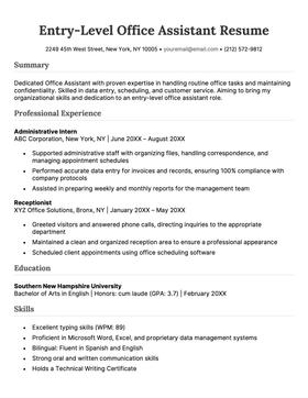 An example resume for an entry-level office assistant.