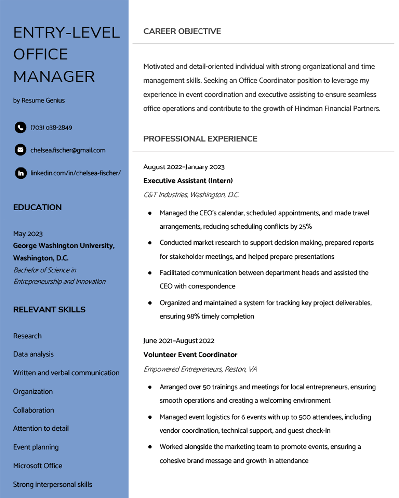An example of a resume for an entry level office manager position on a modern template with a light blue side bar