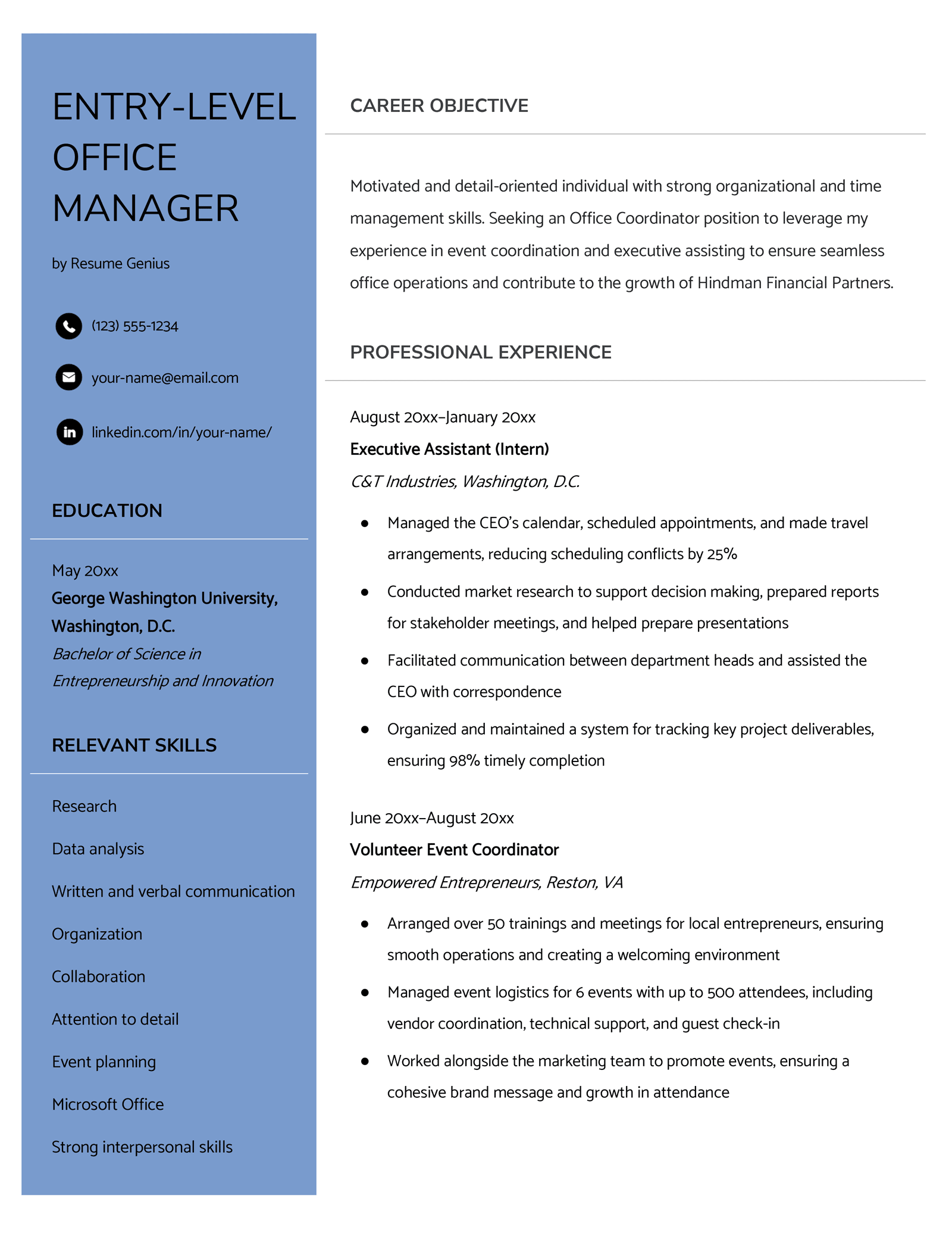 An example of a resume for an entry level office manager position on a modern template with a light blue side bar