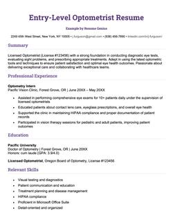 An example optometrist resume for an entry-level position.