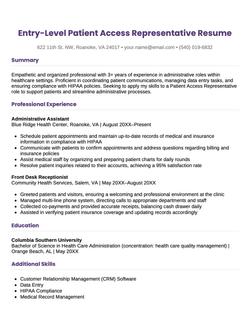 An entry level patient access representative resume example.