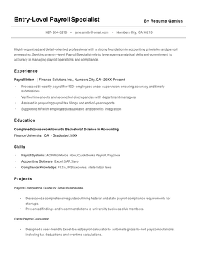 An entry level payroll specialist resume example.